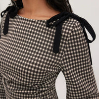 Bow Pleated Design Flare Plaid Slim-fit Long Sleeve Shirt For Women