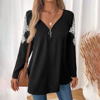 Lace-Panel Long-Sleeve T-Shirt Versatile European And American Style Womens Top