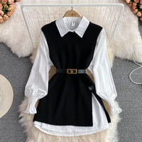 Slit Knitted Vest Shirt Western Style Youthful-looking Two-piece Set
