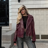 Wine Red Faux Leather Suit Collar Long Sleeve Jacket