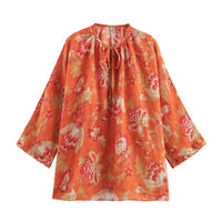 Summer Ethnic Print Ramie Pleated Long-sleeved Shirt