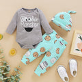 Grey Cartoon Print Long Sleeve Romper Hat Set