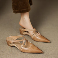 Vintage First Layer Washed Cowhide Pointed-toe Mules Shoes Outer Wear
