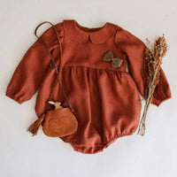 Collar Lapel Long-sleeved Cotton And Linen Pure Plain Romper