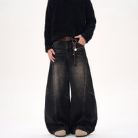 Retro Washed Cat Beard Design Black Machete Jeans