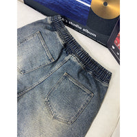 Washed Wrinkle-Effect Denim Shorts Mens Casual Mid-Length Pants