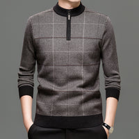 Mens Stylish Plaid Half-zip Knit Sweater