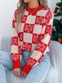 Snowflake Plaid Lantern Sleeve Pullover Sweater