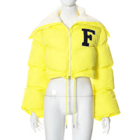 Letter Fur Collar Zipper Drawstring Women's Casual Cotton-padded Jacket Top
