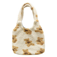 Cute Bear Print Bags Winter Lamb Shoulder Bag Women Shopping Handbags