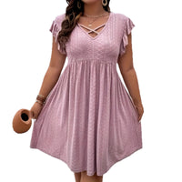 Womens V-neck Hollow-out Short-Sleeve Blouse Dress