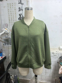 Womens Textured Zip-Up Bomber Jacket Casual Outerwear