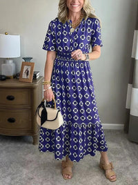 V-Neck Fashionable Elegant Stretch Waistline Polka-Dot Printed Maxi Dress