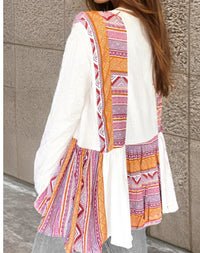 White Western Aztec Print Patchwork Ruffled Tunic Long Sleeve Babydoll Top