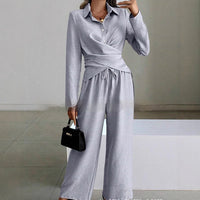 Women's Elegant Shirt Top And Wide-Leg Pants Two-Piece Set