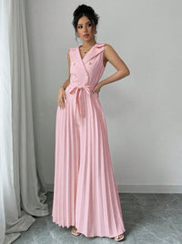Suit Collar Bow Tie Belted Waist Pleated Jumpsuit