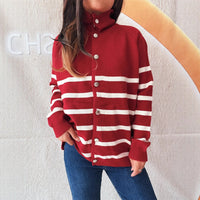 Fashion Loose Button Casual Contrast Color Striped Knitted Sweater