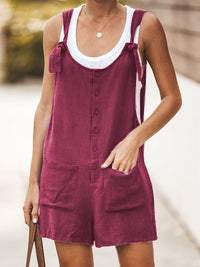 New Solid Color Round Neck Button Loose Short Jumpsuit