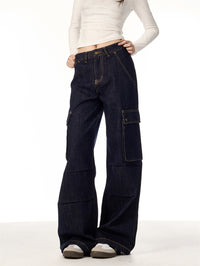 Multi-pocket Straight Cargo Jeans Women's Wide-leg Trousers