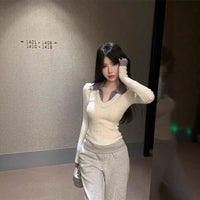 Preppy-style Mock Two-piece Polo-neck Knit Top
