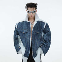 Lambswool Stitching Denim Fake Two-pieces Coats