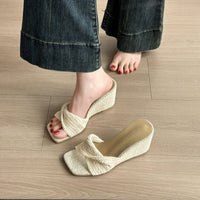Slope And Vacation Cool Slippers With Exposed Toes, Women's Woven Versatile Square Toe Retro Style Slippers