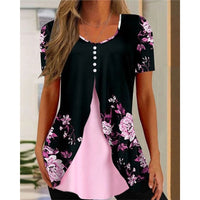 Women's Floral Print Round Neck False Two Pieces Button Short Sleeve T-shirt