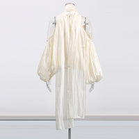 French Style Temperament Bow Lace-up Off-shoulder Chiffon Shirt Women's New Sweet Halter Puff Sleeve Loose Top