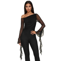 Strap And Ribbon Long-sleeve Long Jumpsuit