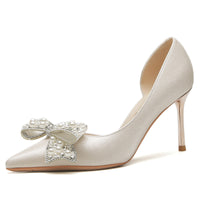 Women's Stiletto Heel Pointed Toe Side Empty Rhinestone Bow Pumps