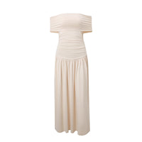Off-shoulder Boat-neckline Figure-hugging Pleated Tube Dress