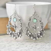 Retro Flower And Bee Gemstone Pendant Earrings