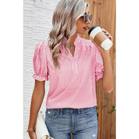 Pullover V-neck Ruffle Sleeve Top Women's Striped Chiffon Shirt