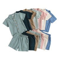 Summer Cotton And Linen Casual Style Short Sleeve Lapel Polo Shirt Two-piece Suit