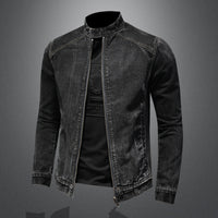 Stand Neck Zipper Denim Coat Men's Large