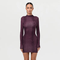 Chic Womens Long-Sleeve Bodycon Snakeskin-Print Sheath Sexy Mini Dress