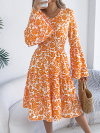 Women's Vintage Bell Sleeve Ruffle Trim Tie Waist A-Line Dress