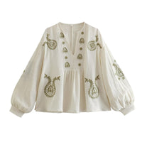 Womens Loose-fitting Cotton Embroidered Blouse