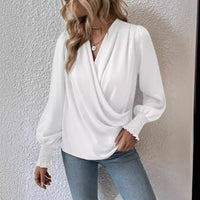 V-neck Pleated Lantern-sleeve Solid-color Blouse For Womenelegant And Professional