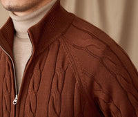 Pure Cotton Knitted British Thickened Heavy Weight Twisted Double Zipper Cardigan