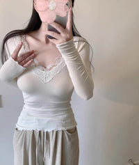 New Womens Demure Lace V-neck Long-sleeve Base Top