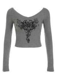 Printed Contrast-Color V-Neck Knitted Cropped Slim-Fit Long-Sleeve Top