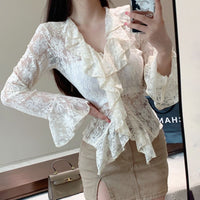 V-neck Flounce Hollow-out Lace Shirt Women's Flared Long-sleeved T-shirt