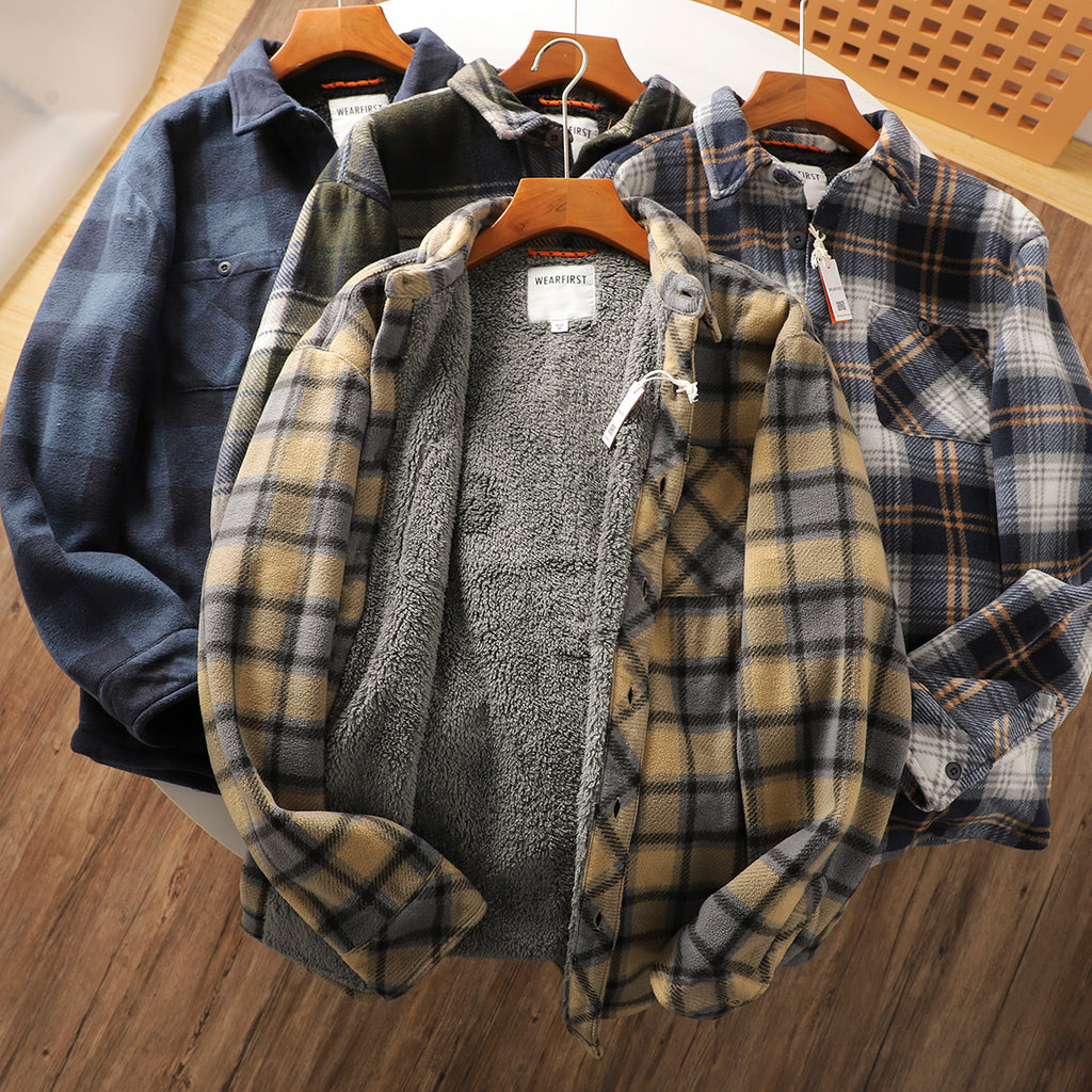 Autumn And Winter Fleece-lined Warm Composite Lambswool Plaid Shirt Cotton-padded Coat