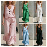 Womens Fashion Casual Solid Color V-Neck Vest And Pants Two-Piece Set