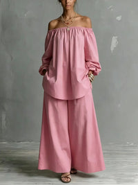 Off-shoulder Womens Cotton And Linen Wide-leg Pants Set