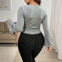 Sexy Slim-fit V-neck Flared Sleeve Waist-cinching Irregular Knit Long-sleeve T-shirt