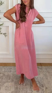 Womens Summer Rib-Knit Henry-Neck Short-Sleeve Extra-Long Slit Dress
