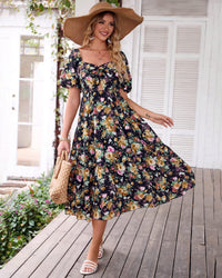 Digital-Print Bohemian Floral Patchwork Mid-to-High-Waist Dress