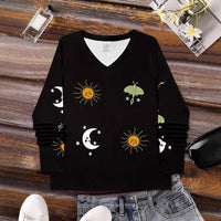 Sun Moon Star Butterfly Graphic Breathable Printed V-neck Long Sleeve T-shirt